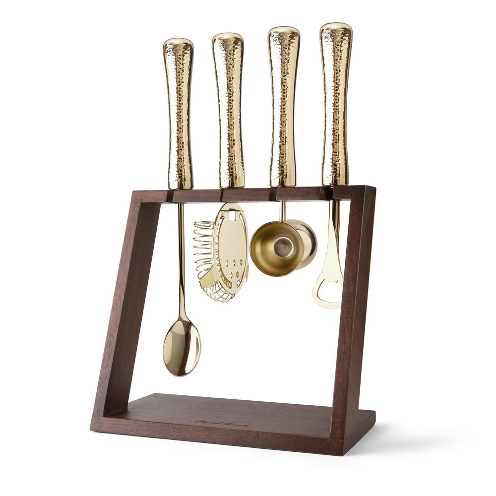 Final Touch 4 Piece Bar Tool Set with Stand - Brass Metal Handles