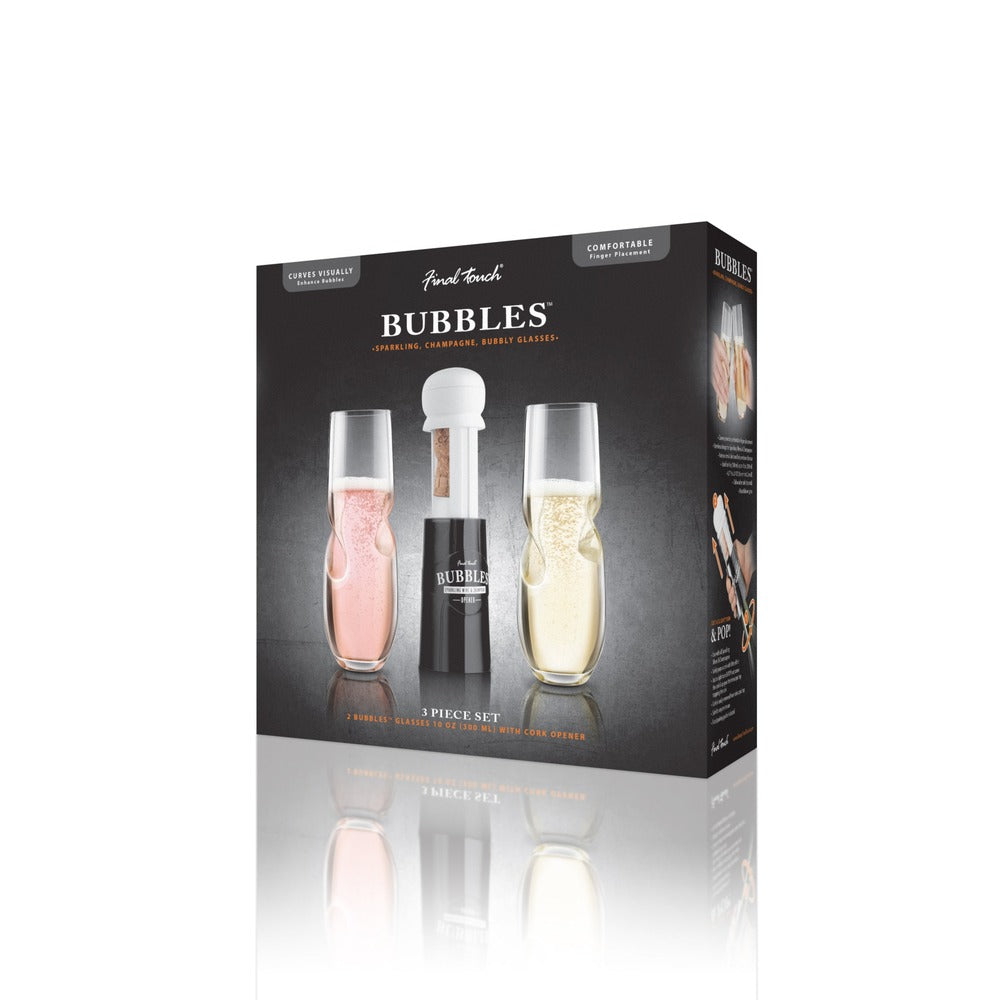 Final Touch® Bubbles Sparkling, Champagne, Bubbly Glass Set with Opener - 10 oz (300 ml)